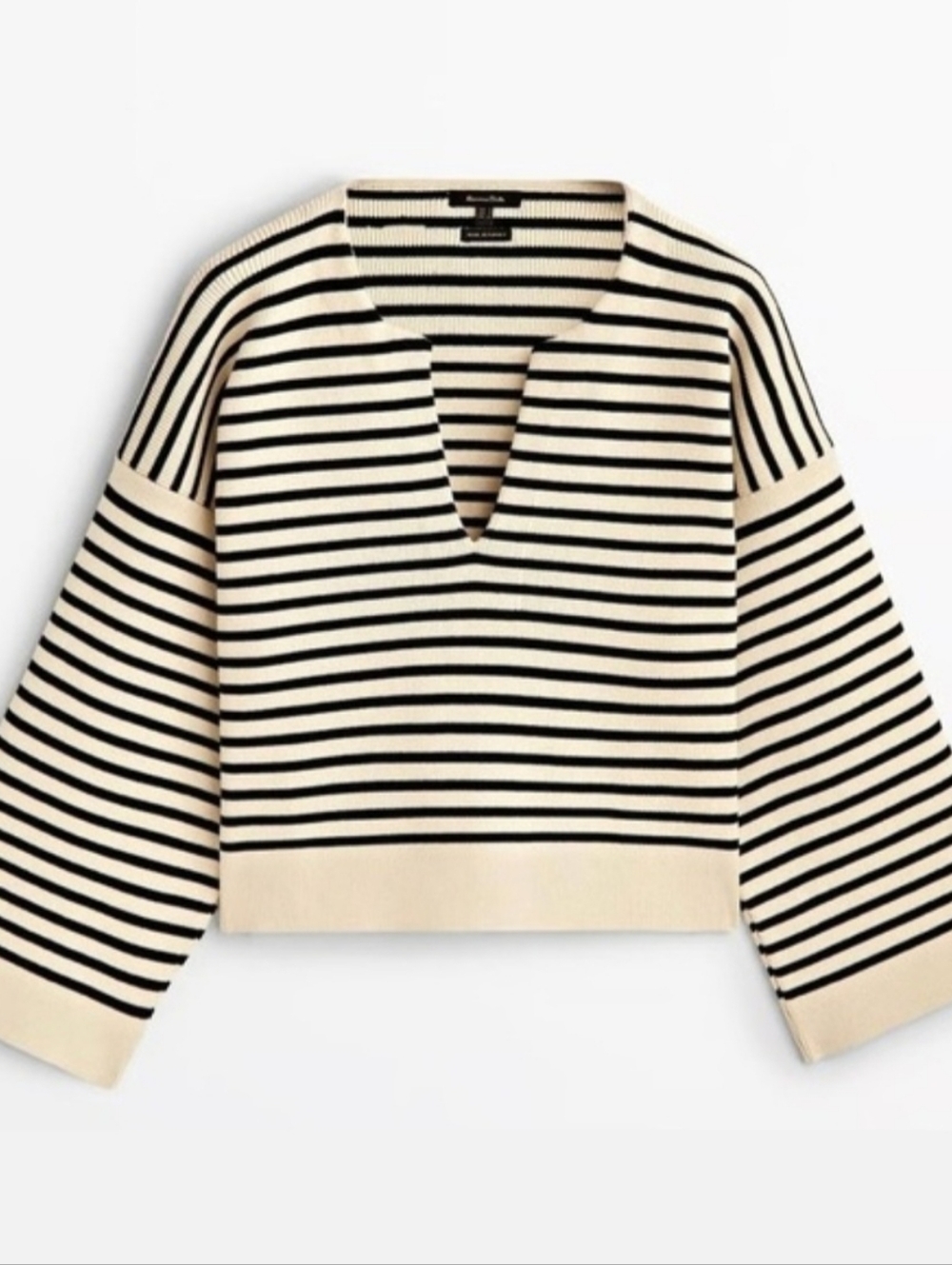 Massimo Dutti Striped V-Neck Cotton Sweater - Cream & Black